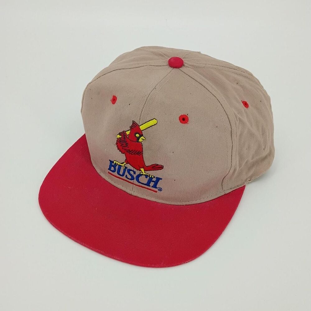 Vintage Busch Beer St Louis Cardinals Snapback Hat Y2K Tan Red 90s Dadcore